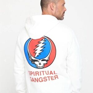 Spiritual Gangster White Hoodie with Red and Blue Graphic Mens